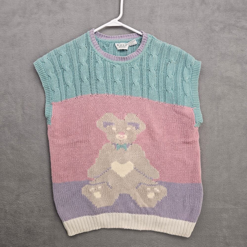 Vintage 90's Studio Teddy Bear Pastel Sweater Vest Cottagecore Coquette‎